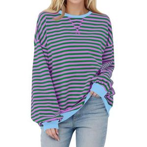 Womens Oversized Striped Sweatshirt Casual Long Sleeve Color Block Crewneck Pullover Tops Fall Outfits Y2k Clothes (Dark Green,XL)