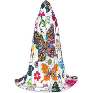 YQxwJL Wit bloemenpatroon kleurrijke vlinders print unisex mantel met capuchon, heks tovenaar cape mantel, voor Halloween cosplay, feestkostuum