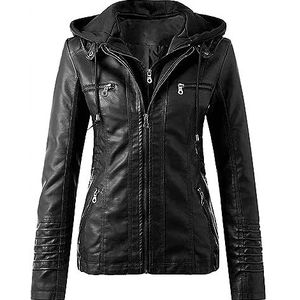 Leren Jas Dames Met Capuchon Afneembare Capuchon Imitatieleren Jas Slim Fit Bikerjack Herfst Winter Overgangsjas Motorjas Winddicht Functioneel Jack Lederen jas Jas van synthetisch leer(Color:Noir,Siz