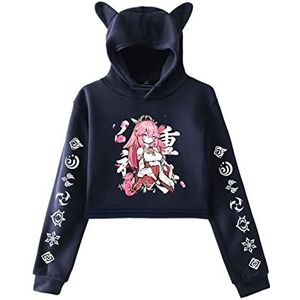 Genshin Impact Hoodie Yae Miko Cosplay Gedrukt Lange Mouw Pullover Crop Tops Harajuku Anime Kat Oor Hooed Sweatshirt voor Vrouwen Meisjes, # 4, M