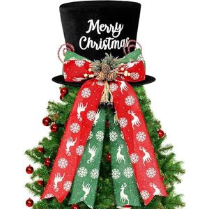 KAHEIGN Kerstboomtopper, 25 cm grote zwarte kerstboom hoge hoed met dennenappels en sneeuwvlok eland strik lint voor thuis kerstvakantie winter feest decor desktop ornamenten
