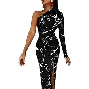 Kat gezicht op zwarte vrouwen halve mouw jurk avondfeest lange jurken cocktail split bodycon jurk M