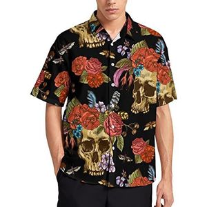 Skull And Flowers Day of the Dead Hawaiiaans shirt voor heren, zomer, strand, casual, korte mouwen, button-down shirts met zak