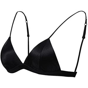 Zomer Dunne Moerbei Zijden Bh Voor Vrouwen Gladde Zijde Satijn Triangle Cup Bralette Sexy Backless Draadloze Lingerie (Color : Black, Size : S)