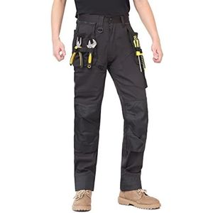 WORK IDEA Werkbroek voor heren, broek met multifunctionele zakken, broek met afneembare vliegzakken, met Oxford-kniezakken, katoenen stretchbroek, zwart, 50