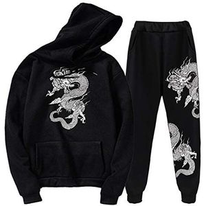 Chinese Dragon Print Trainingspak Set Unisex Dragon Hoodies Sweatshirt & Jogger Broek Tweedelige Set, Zwart 2, S