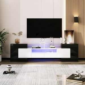 Aunvla Stijlvolle tv-kast, laag paneel. Hoogglans wit en zwart, 200 cm, LED-verlichting woonkamermeubel. Modern design. Elegant glazen oppervlak.