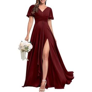 Chiffon bruidsmeisjesjurken voor dames, met split, baljurken, cocktailjurken, grote maten, Bordeaux, 32
