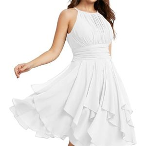 Halter Korte Bruidsmeisjesjurken A-lijn ruches geplooide zomer formele jurken met zakken voor vrouwen bruiloft, Wit, 54