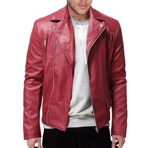 YTR6TW Mannen PU Lederen Jas Mannen Casual Effen Kleur Slanke Rits Lange Mouw Turn-Down Kraag Motorfiets Lederen Jas, Rood, XL