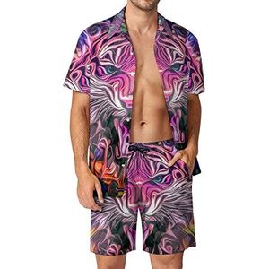 Tijgerhoofd met creatief abstract element, Hawaiiaanse sets voor mannen, button-down trainingspak met korte mouwen, strandoutfits, L