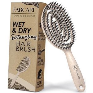 FABCARE Biologische ronde haarborstel van wildzwijnharen - Ontklittende borstel met dubbele spiraalveer - Haarborstel zonder trekken - Professionele ontklittende borstel voor alle haartypes