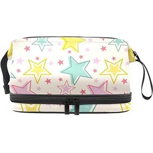 Grote capaciteit reizen cosmetische tas,Roze blauw geel sterren patroon,Make-up tas,Waterdichte make-up tas organisator, Meerkleurig, 27x15x14 cm/10.6x5.9x5.5 in
