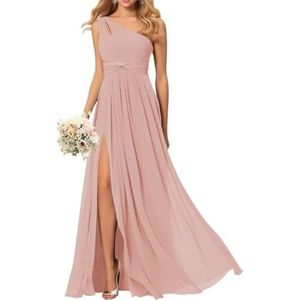 SAMHO Avondjurk met één schouder voor dames, chiffon, bruidsmeisjesjurk met zakken, lang, geplooid, A-lijn, split, Dutsy Rose, 32