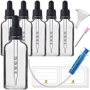 HandsUnity 50ml-6st Pipet Glazen Fles - Helder Glas Apotheek Pot set met Zwarte Pipet Dop bevat 17st Hulp Accessoires Transparante Glazen Flessen