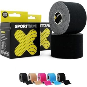2 Rollen SPORTTAPE Kinesiotape 5 cm x 5 m - Zwart | Spiertape knie, schouder, scheenbeen & enkel | Waterdicht & hypoallergeen