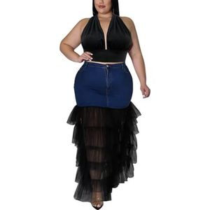 Dames Mode Grote Maat 2-delige Outfits Sexy Halternek Crop Top En Denim Lapwerk Mesh Ruche Zoom Maxi Rok Set (Color : Dark blue, Size : XXL)