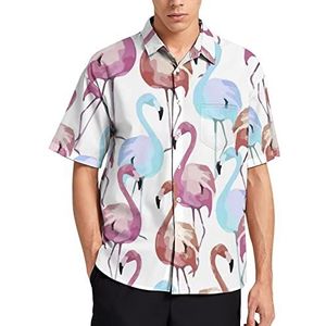 Aquarel Flamingo heren T-shirt met korte mouwen casual button down zomer strand top met zak
