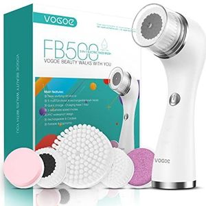 VOGOE Gezichtsreinigingsborstel - Oplaadbare gezichtsborstel Elektrische IPX7 Waterdichte Spin Face Scrubber, 3 snelheden & 5 borstels voor reiniging en exfoliëren, wit