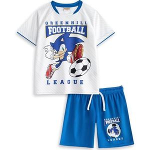 Sonic The Hedgehog Boys Greenhill Football League-tenue | Witte top en blauwe short | Voetbalset met korte mouwen | Sonic grafische sportkleding | Sonic-merchandise