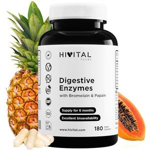 Spijsverteringsenzymen. 180 veganistische capsules voor 6 maanden behandeling. Amylase, Protease, Lactase, Lipase, Cellulase, Bromelaïne (Bromelain) en Papaïne. Gefabriceerd in Europa door HIVITAL