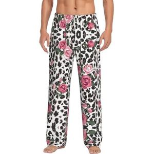 Leuke Rode Roos Mix Luipaard Patroon Mannen Lange Lounge Wear Broek Nachtkleding Pyjama Bottoms Nachtkleding Met Zakken En Trekkoord, Wit, S