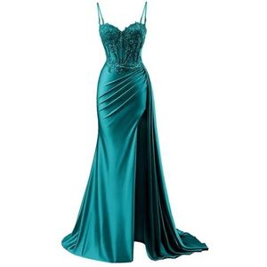 KURFACE Satijnen galajurken voor dames met split kant applicatie spaghettibandjes beroemdheden optocht jurk formele jurk, Turkoois, 58/Meer