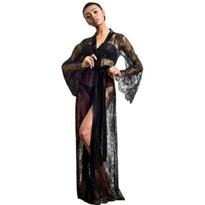 MdybF Badjas, ochtendjas voor dames, lange satijnen ochtendjas, kanten zijden kimono, badjas, bruidsmeisje, nachtkleding, nachtkleding, 1104 Zwart, XL