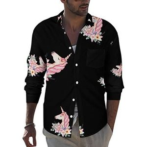 Eenhoorn bloemen heren revers shirt lange mouw button down print blouse zomer zak T-shirts tops XL