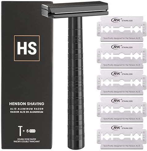 Henson Shaving Razor - Jet Black Double Edge Veiligheidsscheermes met 5 reservemessen - 30° schuine precisie met superieure bladstijfheid - Herbruikbare scheermesjes met één mes voor mannen en vrouwen