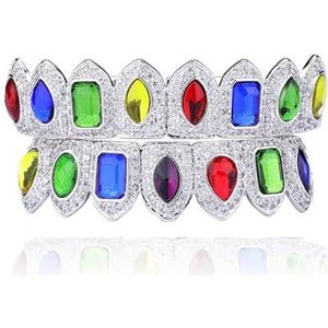 Kleurrijke Edelsteen Tandengrills, 18k Vergulde Hiphop Iced Out Kubieke Zirkonia Boven- en Onderkant Grills voor Tanden(Silver)