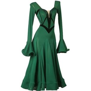 Groen,L,PONNYC Ballroom Dans Wedstrijdjurken Dames Foxtrot Danskleding Met Trompetmouwen Mesh Splice Wals Salsa Danskleding Rugloze Jurk Flamenco Dansoutfit