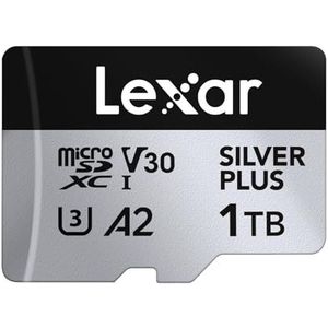 Lexar Silver Plus Micro SD kaart 1TB, leessnelheid tot 205 MB/s, schrijfsnelheid tot 150 MB/s, MicroSDXC UHS-I flashgeheugenkaart met adapter, UHS-I, A2, U3, V30, klasse 10, Snelle TF kaart