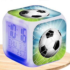 Digitale wekker, jongens voetbal wekker, voetbal klok bel alarm snooze kwarts, creatieve LED-klok met tijd week maand temperatuurweergave voor kinderkamer