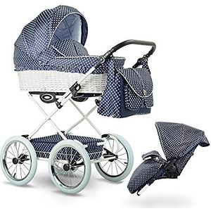 Kinderwagen met rieten mand babyzitje en Isofix optioneel Retro by SaintBaby Blue Dots R016 3-in-1 met babyzitje
