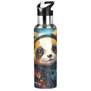 Cute Little Music Panda Sport Waterfles Geïsoleerde Rvs Grote Vacuümfles, Lekvrije Thermosfles met rietje voor reizen (600 ml/1000 ml)