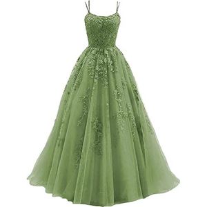 Beyonddress Avondjurk voor dames, kant, applicaties, lange spaghettibandjes, tule, formele jurk voor feestjes, grasgroen, 38