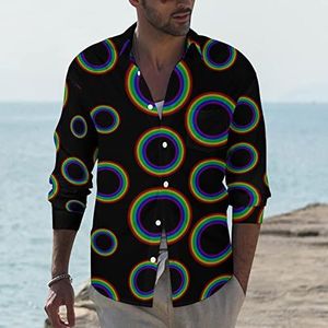Rainbow Circle Herenshirt met lange mouwen, casual strandtops met zak, normale pasvorm