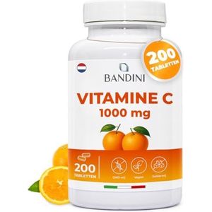 Bandini® Vitamine C 1000mg 200 Tabletten (+6 maanden) | Ondersteunt het Huid, Botten, Nagels, Haar en het Immuunsysteem | Hoge Dosering, Veganistisch en Zonder Additieven | L-ascorbinezuursupplement