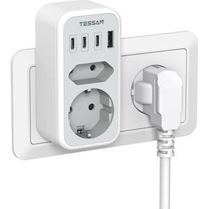 Dubbele Stekker Voor Stopcontact - 6 In 1 Stopcontactadapter Met 2 USB C 2 Usb A Meervoudige Stekker Usb C 3600w Dubbele Stopcontact Voor Telefoon Meervoudige Stopcontact Met Usb C Grijs