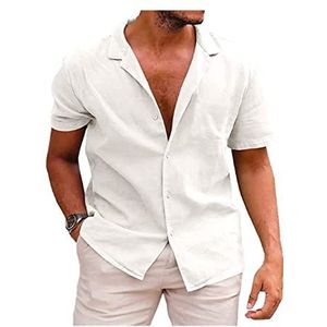 Heren Linnen Overhemd Korte Mouw Zomer Casual Katoenen Knopen Los Overhemd Strand Bruiloft Wit Overhemd(Blanc,XXL)