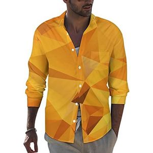 Abstract Goud Oranje Veelhoek Heren Revers Lange Mouw Shirt Button Down Print Blouse Zomer Pocket Tees Tops 4XL