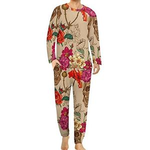 Mexicaanse suiker schedel bloemen comfortabele heren pyjama set ronde hals lange mouwen loungewear met zakken 2XL