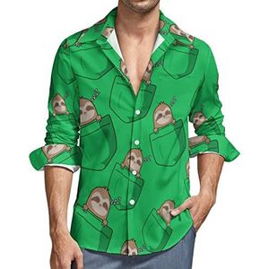 Schattige slaapzak, luiaard, heren button-down shirt met lange mouwen en V-hals, casual tops met normale pasvorm