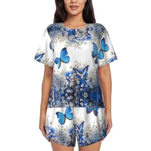 RIVETECH Blauwe vlinders witte bloemenprint dames pyjama met korte mouwen - comfortabele korte sets, mouwen nachtkleding met zakken, Zwart, XL