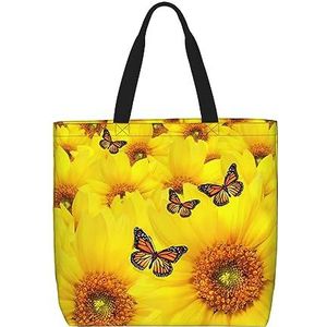 Paarse Bloem Print Tote Bag Voor Vrouwen, Casual Rits Tote Mode Schouder Handtas Hobo Tas Met Zakken, Gele bloemen vlinders, Eén maat