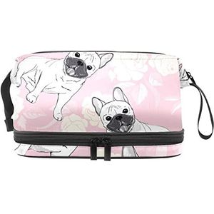 Grote capaciteit reizen cosmetische tas,Witte mopshond patroon roze achtergrond,Make-up tas,Waterdichte make-up tas organisator, Meerkleurig, 27x15x14 cm/10.6x5.9x5.5 in