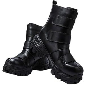 Herenmode Echte Leren Motorlaarzen, Gothic Punk Rock Mid Calf Platform Tooling Stoomlaarzen(Black velvet,46 EU)