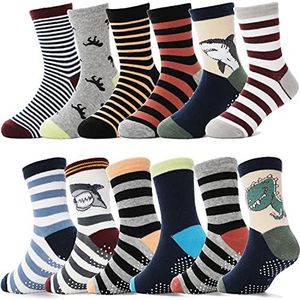 ANTSANG Baby Boys Antislip Sokken voor Kinderen Peuters Babys Nietglijdend Cotton Crew Socks 12 Pairs(Bruin gestreept (12 paar),24-26)