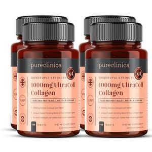UltraColl Marine CollagEen 1000 mg x 720 Tabletten (4 Flessen van 180 Tabletten – 1-2 Jaar Voorraad). De enige gepatenteerde anti-aging collageen types I, II, III, and VII. SKU: UC3x4